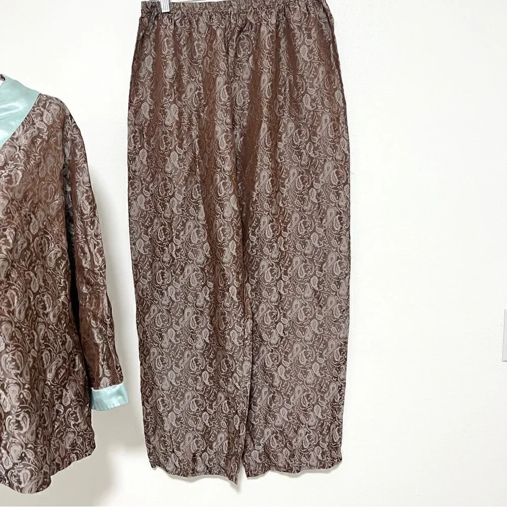 Vintage Chandler Ladies 2 Piece Pajama Set XL L Paisley Damask Cocoa Brown Aqua